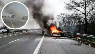 Iad pe Autostrada A1! O autoutilitară s-a transformat într-o torță în plină viteză! Clipe de panică pe sensul spre Pitești!