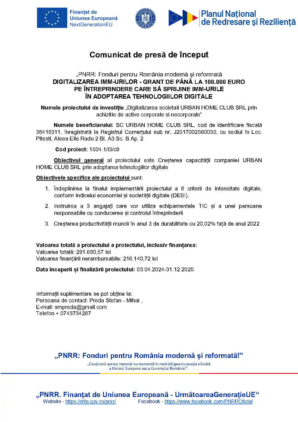 0. Comunicat de presa online URBAN HOME CLUB SRL1