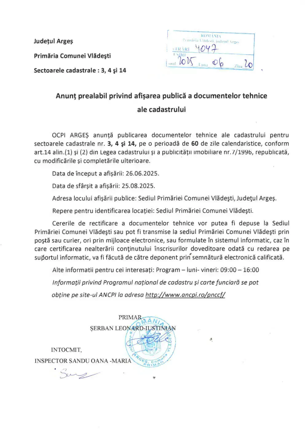 Primăria Vlădești: Anunț prealabil privind afișarea publică a documentelor tehnice ale cadastrului 2 img20250620 09344661 e1750407856537