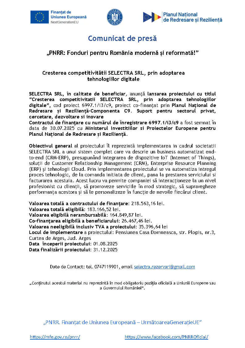 „PNRR: Fonduri pentru România modernă çi reformată!” Cresterea competitivitãtii SELECTRA SRL, prin adoptarea tehnologiilor digitale 2 pnrr macheta