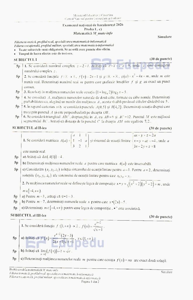 Au apărut subiectele la Matematică de la simularea BAC 2026! Iată ce i-a pus în dificultate pe elevi și ce se întâmplă, de fapt, cu notele 1 mate info simulare bac 2026 pag 1 660x1024 1