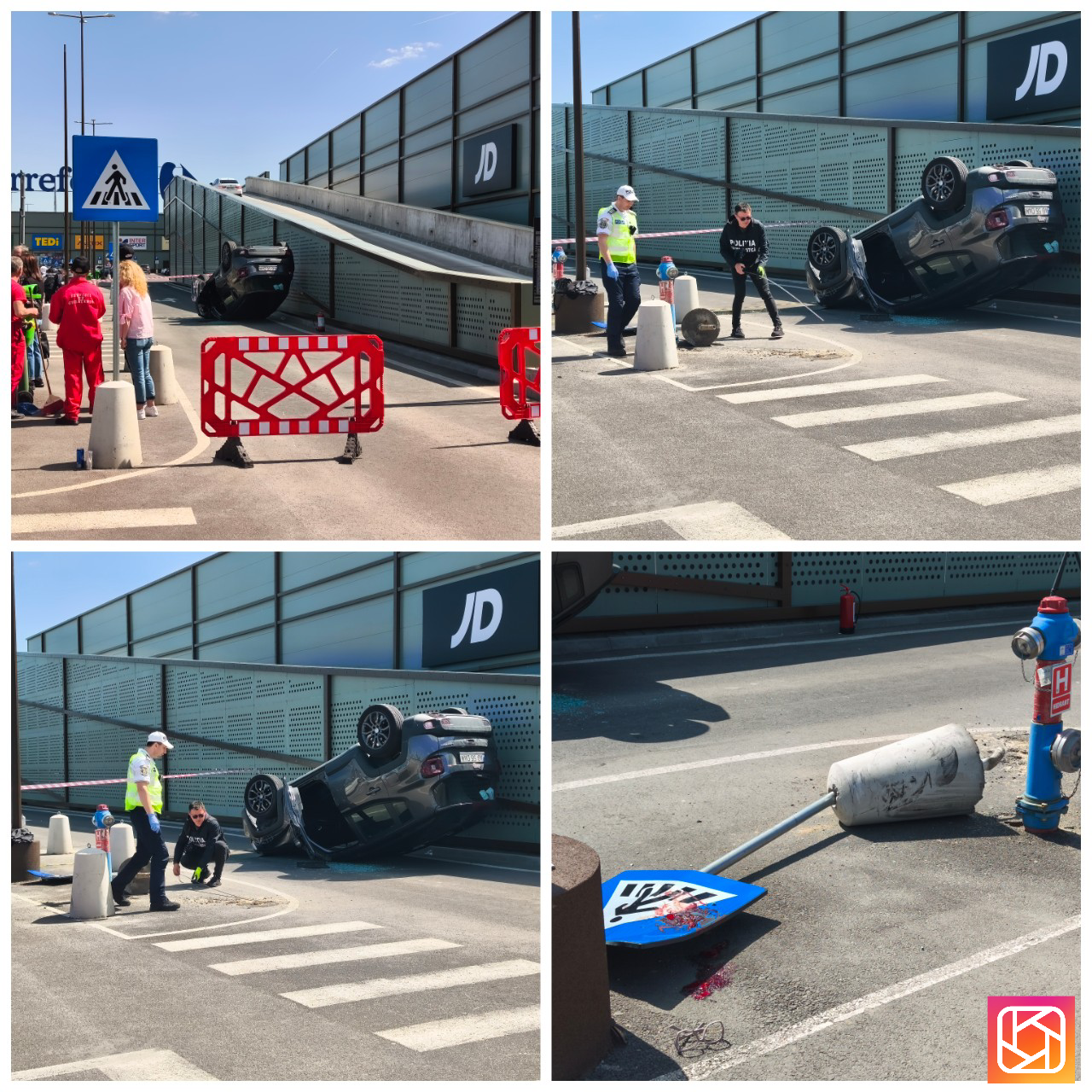 Clipe de groază în Pitești! O mașină s-a răsturnat pe plafon, iar un semn de circulație a „zburat” direct într-o femeie!