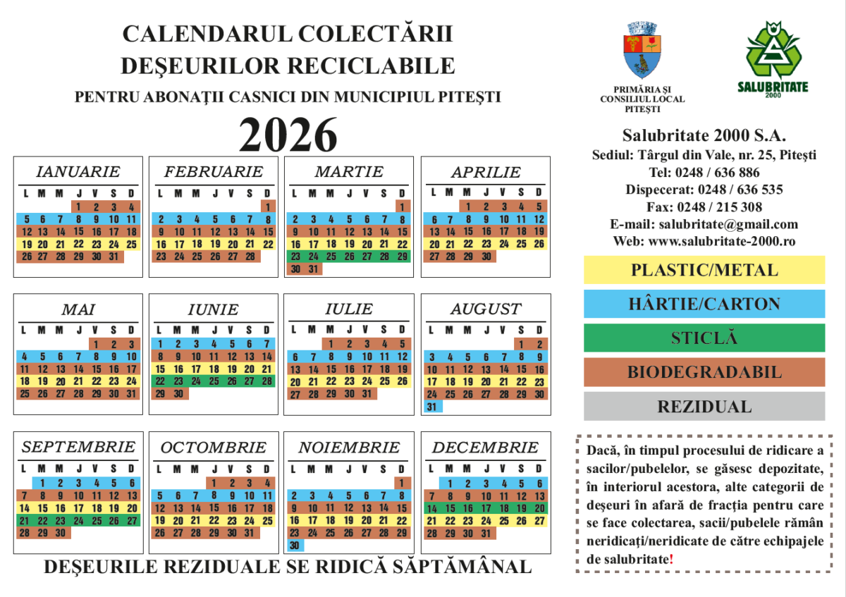 Graficul de colectare a deșeurilor reciclabile pentru abonații casnici din municipiul Pitești pentru anul 2026! 1 Calendar reciclabil 2026