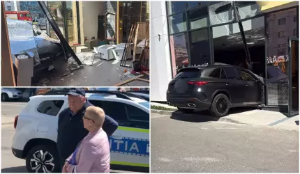 Scene de groază la o bancă! Soția unui fost ministru celebru a intrat cu mașina prin vitrină și a făcut prăpăd!