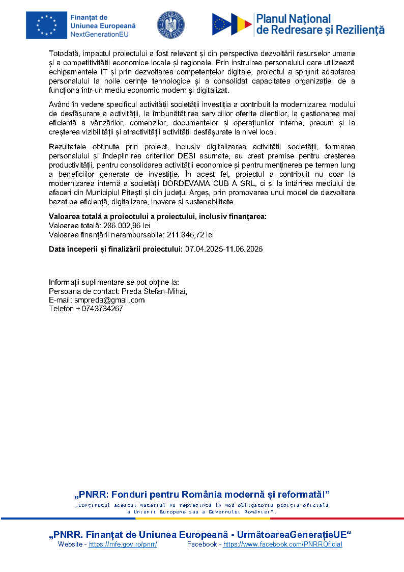 Comunicat de presă final proiect. „PNRR: Fonduri pentru România modernă și reformată DIGITALIZAREA IMM-URILOR - GRANT DE PÂNĂ LA 100.000 EURO PE ÎNTREPRINDERE CARE SĂ SPRIJINE IMM-URILE ÎN ADOPTAREA TEHNOLOGIILOR DIGITALE 3 0. Comunicat de presa online final Page2
