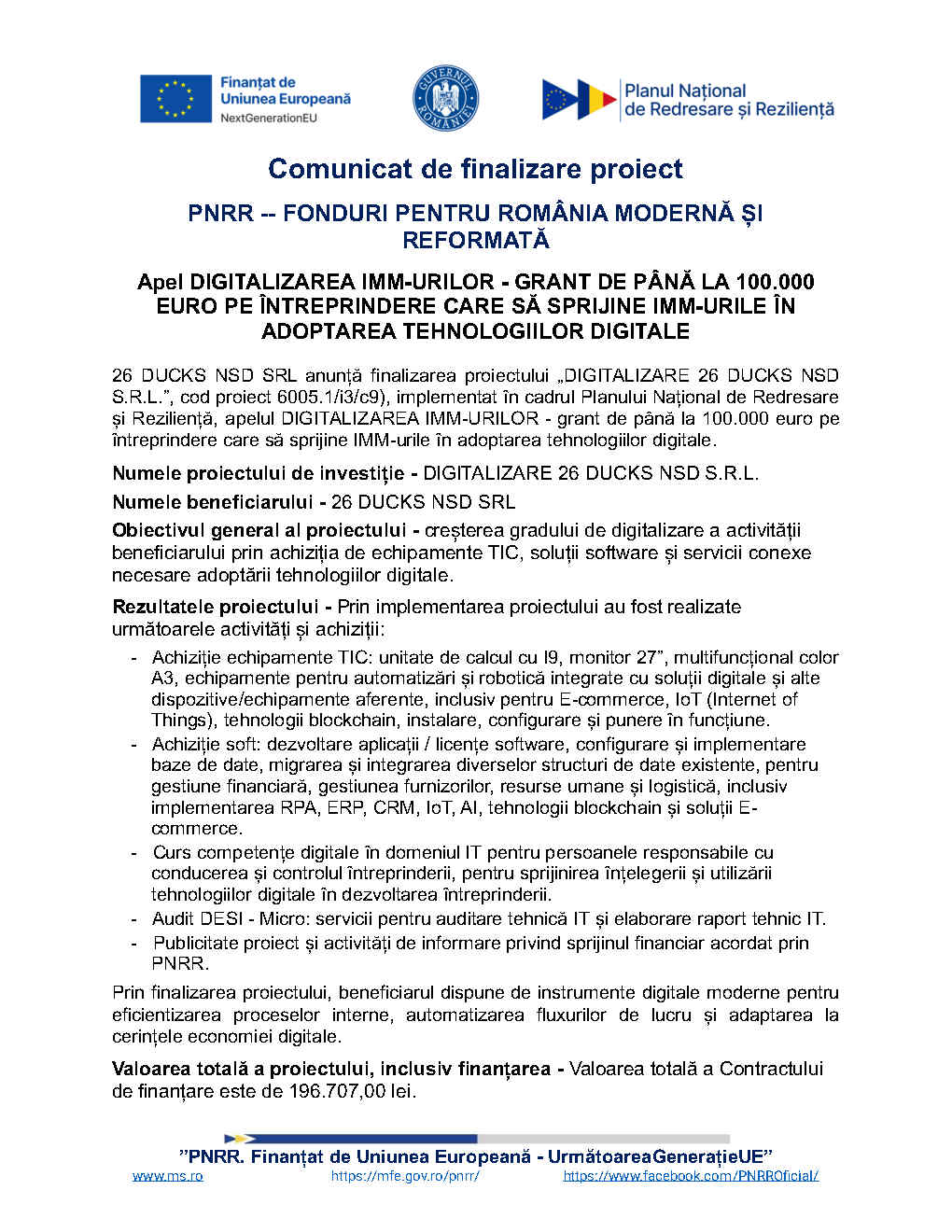 Comunicat finalizare proiect 26 DUCKS NSD SRL Page1