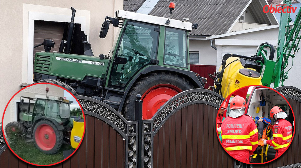 Incredibil! Un primar a semănat teroare cu tractorul! A spulberat un tânăr pe trotuar și s-a oprit direct în peretele unei case!