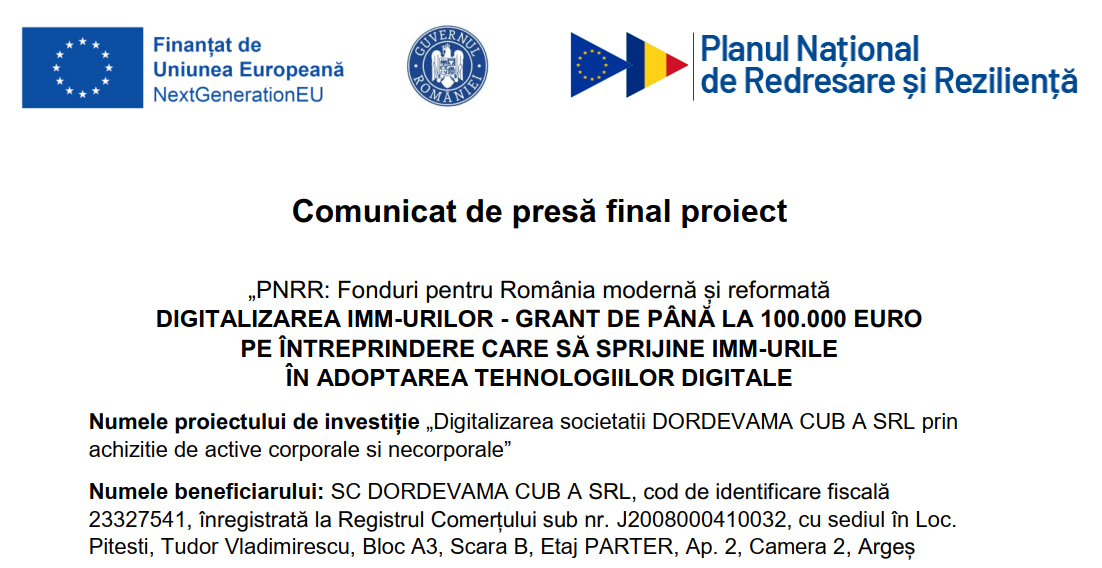 Comunicat de presă final proiect.  „PNRR: Fonduri pentru România modernă și reformată DIGITALIZAREA IMM-URILOR – GRANT DE PÂNĂ LA 100.000 EURO PE ÎNTREPRINDERE CARE SĂ SPRIJINE IMM-URILE ÎN ADOPTAREA TEHNOLOGIILOR DIGITALE