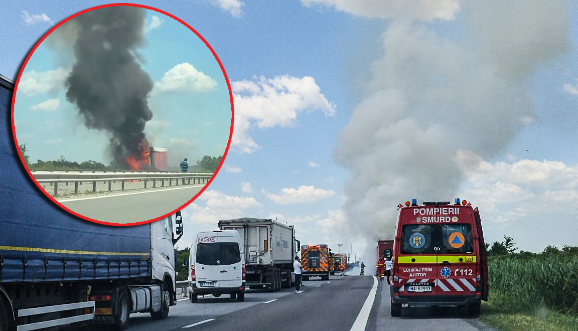 VIDEO. ACUM! TIR în FLĂCĂRI pe A1 PITEȘTI – BUCUREȘTI! TRAFIC BLOCAT!