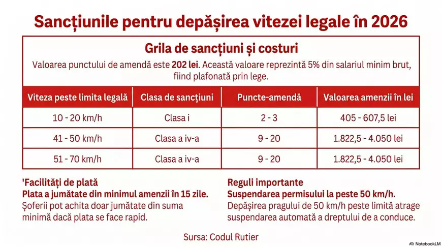 COD RUTIER 2026. Ce amendă primești când depășești limita de viteză cu cu 20, 30 sau 50 km/h! Tabelul complet! 1 tabel amenzi viteza codul rutier 2026