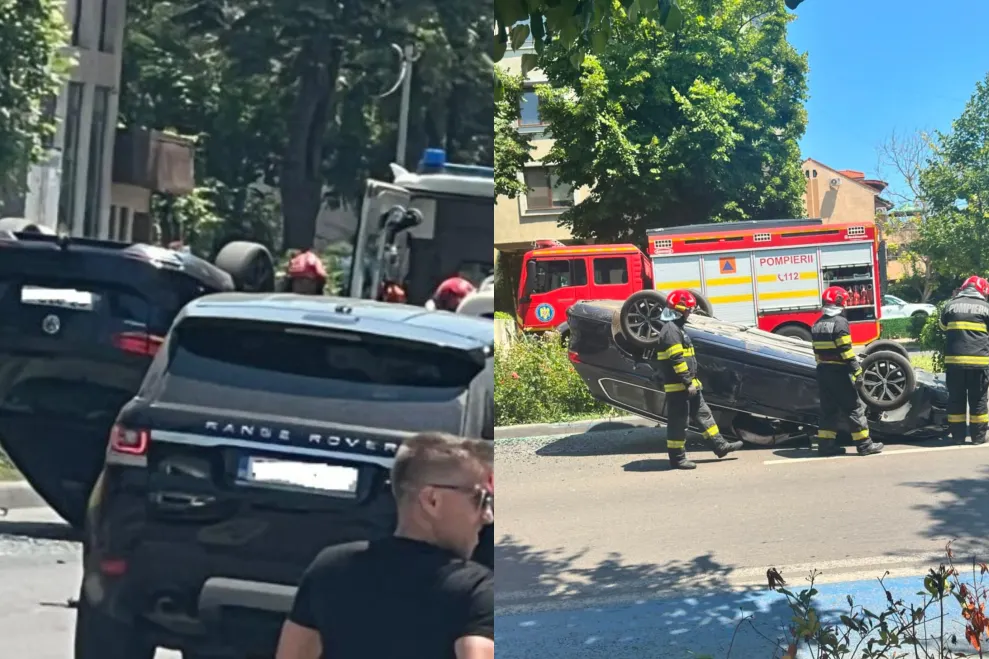 Accident GRAV. Mașină răsturnată, persoană transportată de urgență la spital! IMPACT VIOLENT!