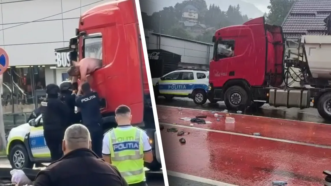 Accident CUMPLIT! Mașină de POLIȚIE spulberată de un camion! Șoferul s-a baricadat în cabină!