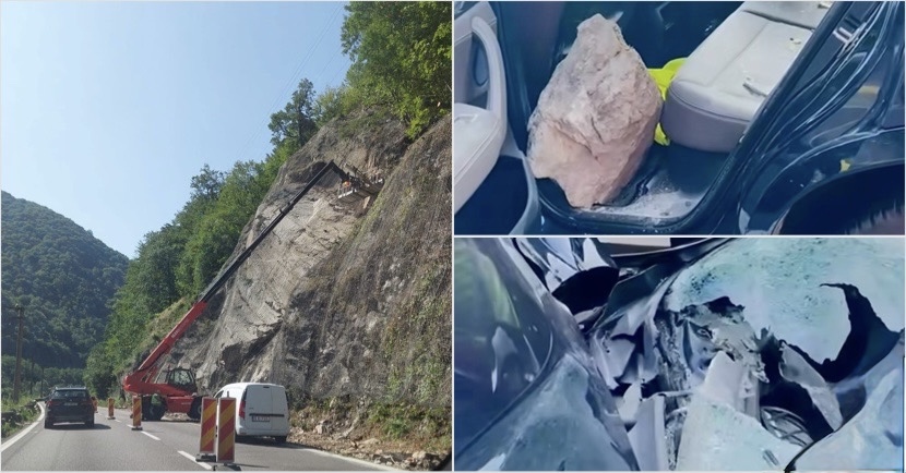 ACUM! Mașină lovită de bolovanii căzuți de pe versasnți pe VALEA OLTULUI! TRAFIC BLOCAT!
