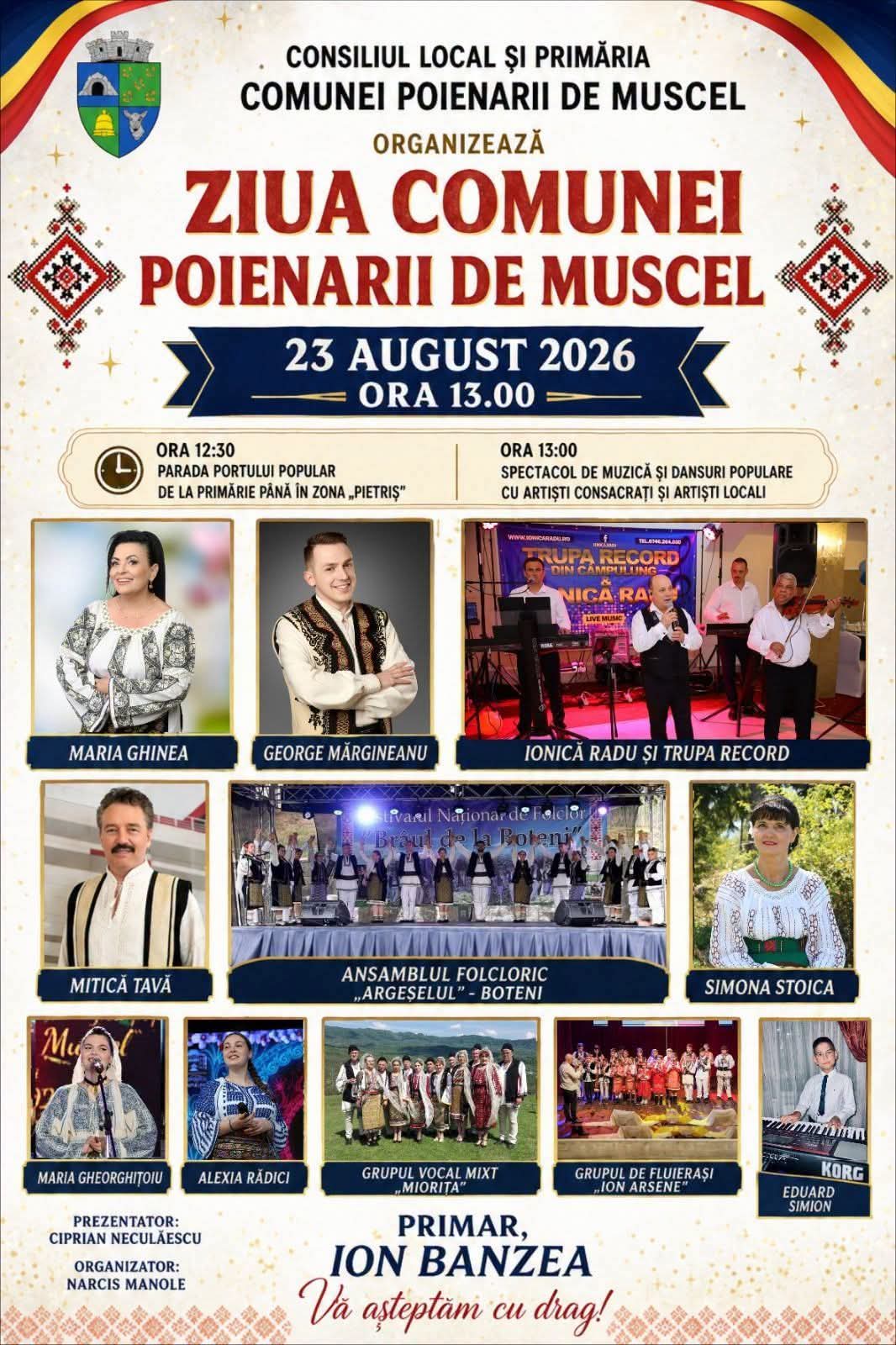 BREAKING! Comuna Poienarii de Muscel va fi în SĂRBĂTOARE. Maria Ghinea, Mitică Tavă și George Mărgineanu se NUMĂRĂ printre ARTIȘTII care vor urca pe SCENĂ