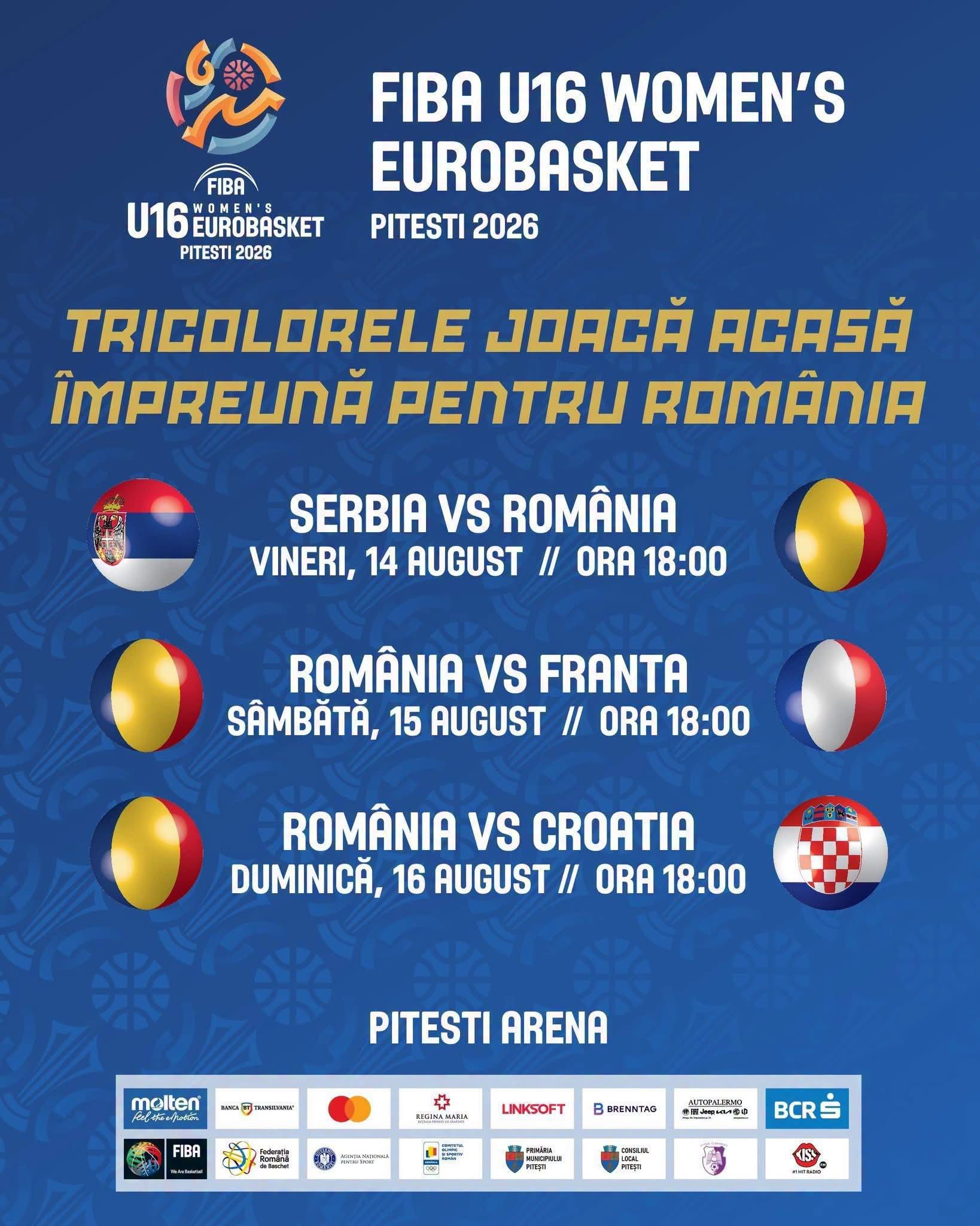 Baschet european la cel mai înalt nivel, la Pitești! Tricolorele U16 joacă acasă, cu intrare liberă la Pitești Arena!