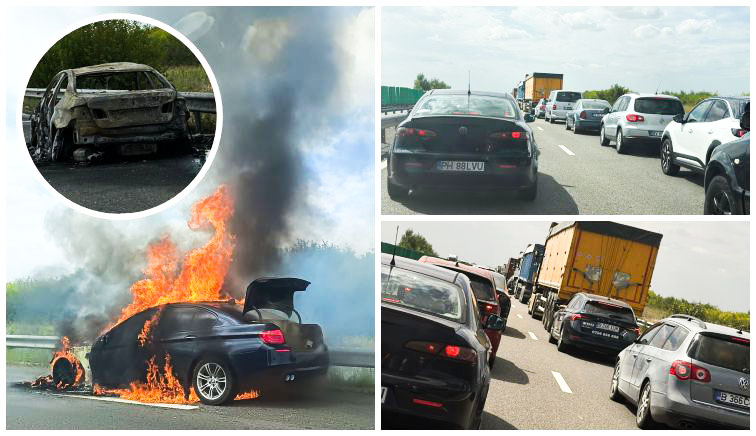 ACUM. BMW făcut SCRUM pe Autostrada Soarelui! Mașina a ARS în totalitate, trafic blocat spre București!