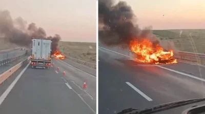 ALERTĂ! MAȘINĂ cuprinsă de FLĂCĂRI pe Autostrada A1! Trafic îngreunat după INCENDIUL VIOLENT!