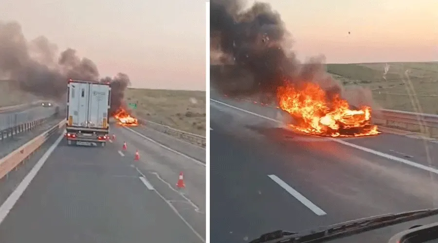 ALERTĂ! MAȘINĂ cuprinsă de FLĂCĂRI pe Autostrada A1! Trafic îngreunat după INCENDIUL VIOLENT!