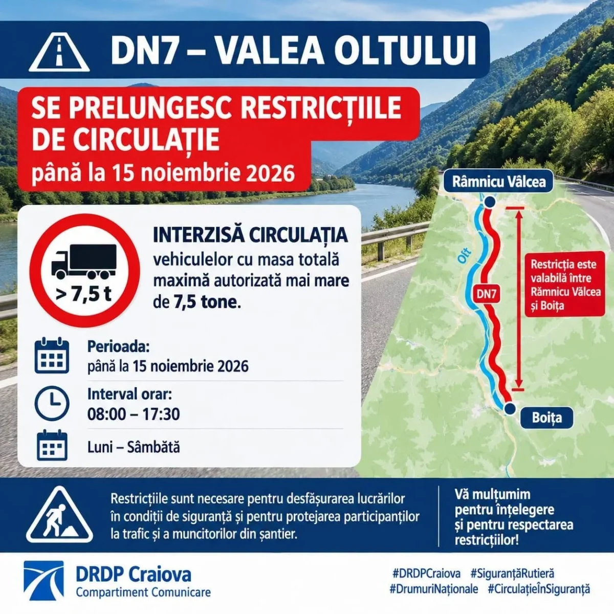 ALERTĂ pe Valea Oltului! RESTRICȚIILE de pe DN7 se PRELUNGESC până în noiembrie! INTERZIS pentru acești șoferi! 1 VVVVVVVVVV