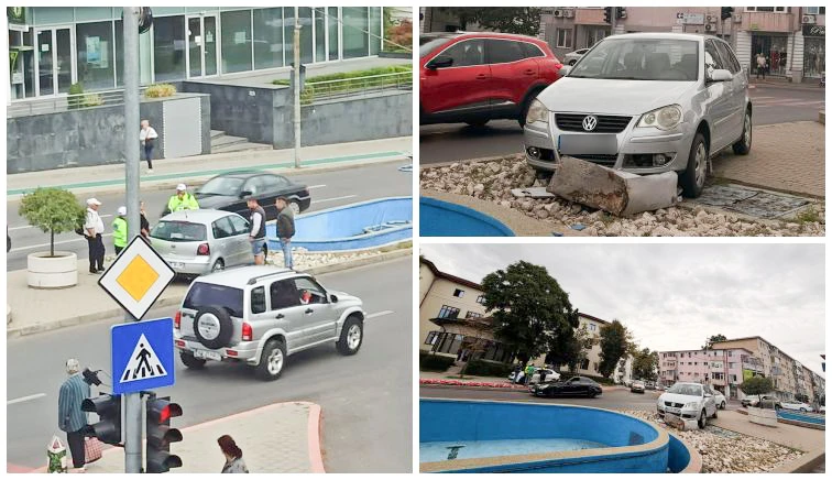 ACUM! ACCIDENT CUMPLIT pe Calea București, în centrul Piteștiului! O MAȘINĂ a ZBURAT spre fântâna arteziană! CLIPE de panică!