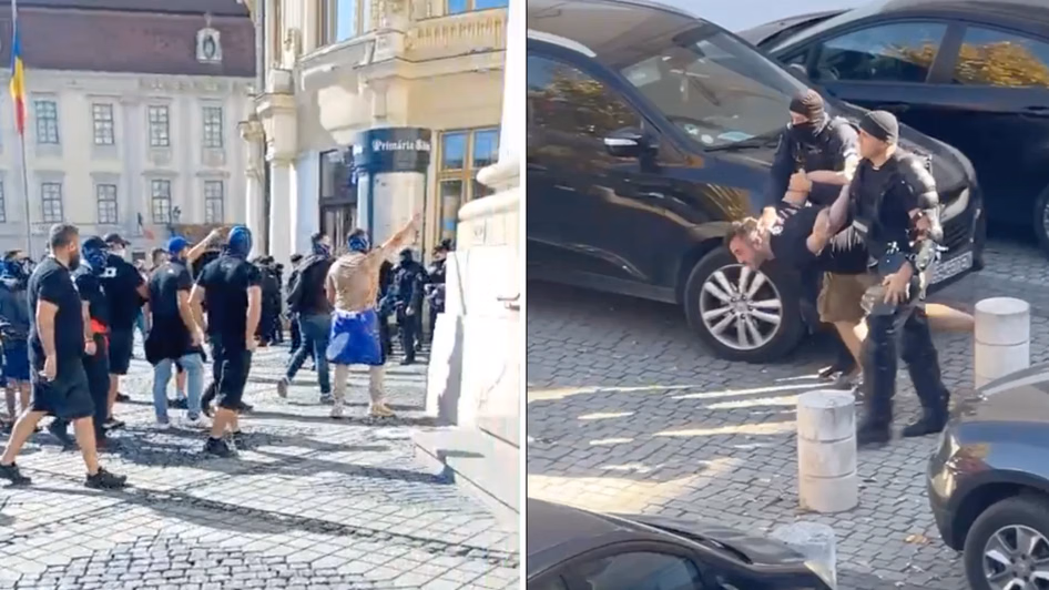 ALERTĂ! BĂTAIE CRUNTĂ între SUPORTERI în plin CENTRU! Jandarmii au intervenit cu GAZE LACRIMOGENE!